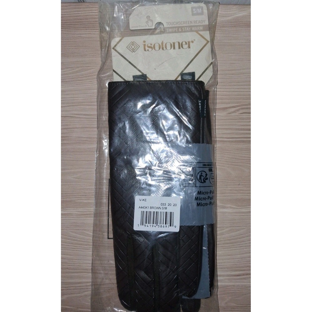 Women's  Isotoner Embossed Faux Leather Touchscreen Gloves- Brown Size S/M - Picture 6 of 7